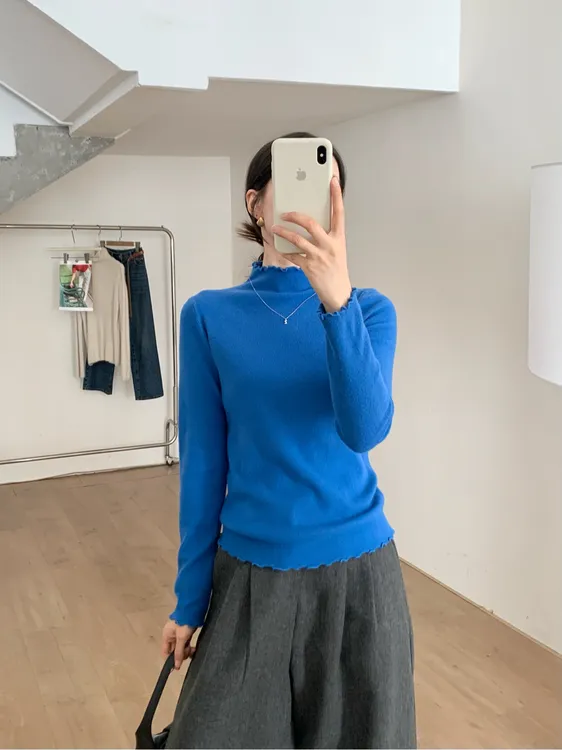 花边领柔软羊毛针织毛衣女半高领弹力减龄长袖套头上衣