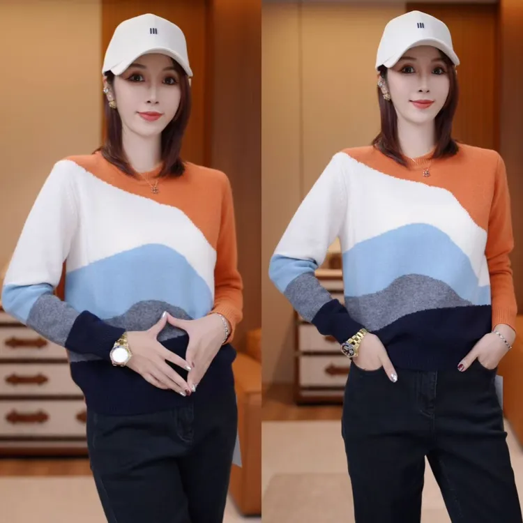 JDND轩羽【落日海滩】100%羊毛圆领撞色波浪加厚针织毛衣XY25589