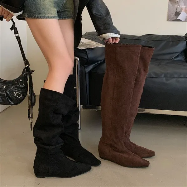 内增高复古方头堆堆靴中筒长靴女鞋2025新款秋冬绒面瘦瘦长筒靴子