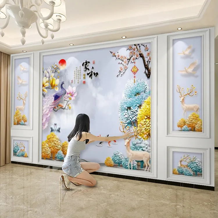 18d家和富贵客厅现代中式电视背景墙壁布壁画客厅立体五宫格墙布