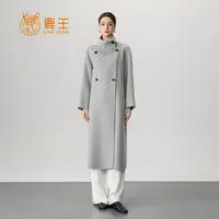 鹿王25秋冬新款女烟囱领100山羊绒双排扣长款大衣 YFL8066