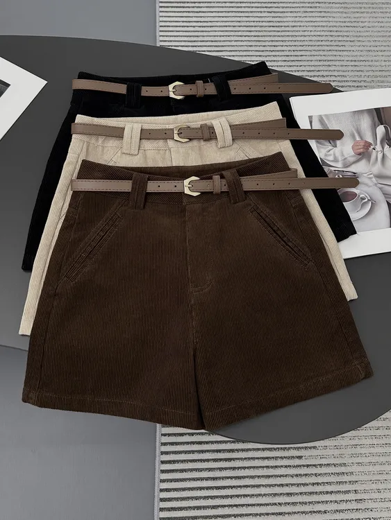 咖色灯芯绒短裤女秋冬季2025新款设计感小众高腰显瘦a字阔腿靴裤