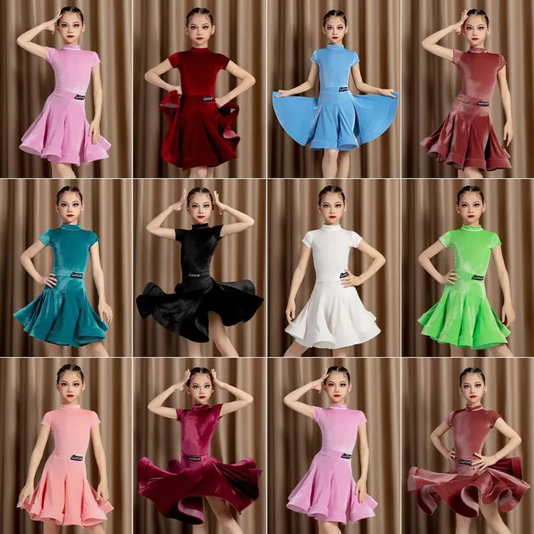 FAVMARTHA儿童拉丁舞蹈服装短袖新款夏秋季练功女童超薄丝绒考级