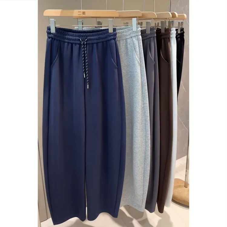 新款基础款抽绳松紧腰纯色显瘦阔腿裤女时尚百搭极简风宽松休闲裤