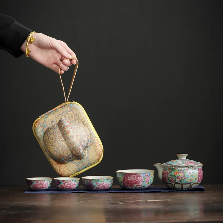 汝窑旅行茶具套装一壶四杯高档颜荣聪珐琅彩户外旅游便捷式快客杯