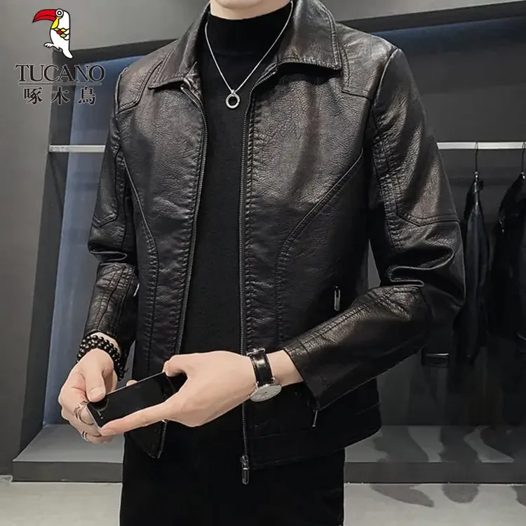 啄木鳥春季新款PU皮衣男士2025秋冬修身休闲百搭机车男士外套