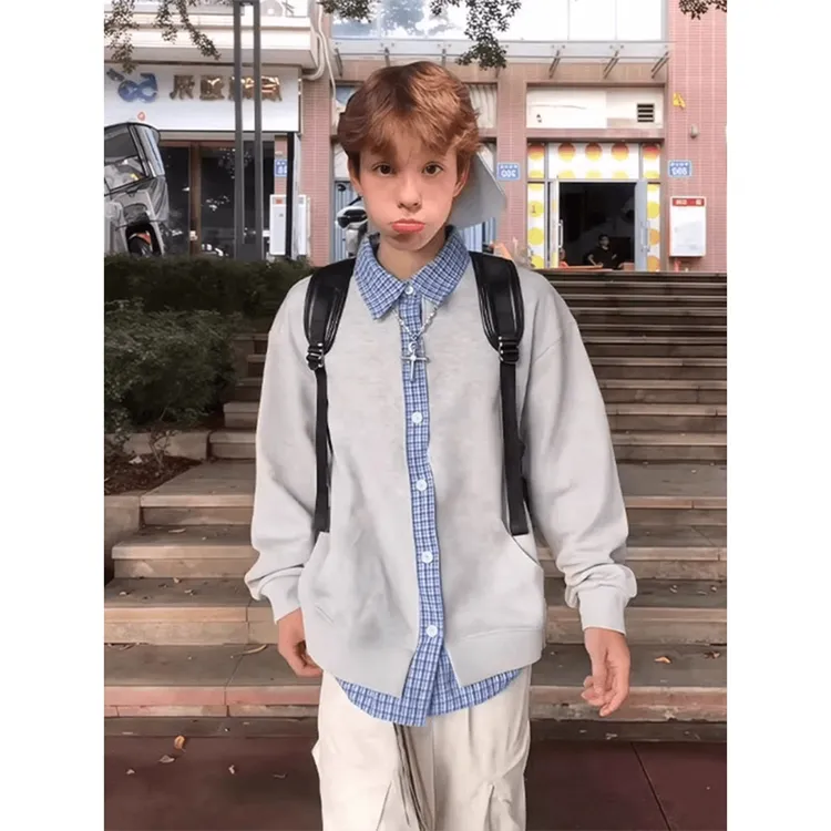 灰色格纹拼接开衫卫衣男款春秋美式假两件设计上衣痞帅慵懒风外套