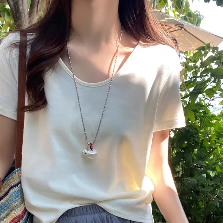 白色V领正肩短袖T恤女装2025夏季新款超好看独特漂亮显瘦宽松上衣