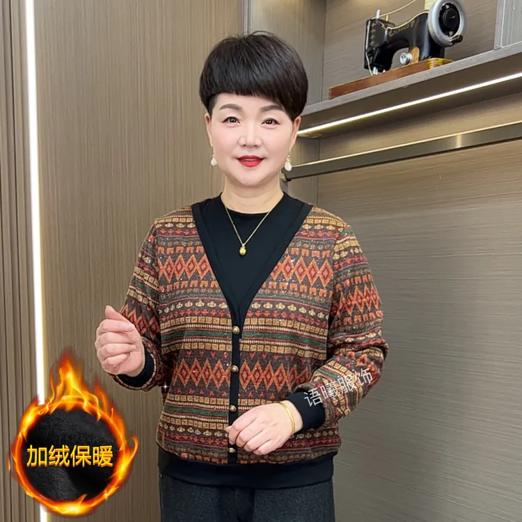 冬季新款印花法式厚款中老年女装保暖百搭显瘦假两件打底衫F9137