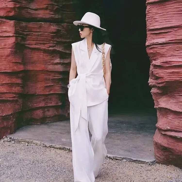 胖mm垂感无袖西装马甲套装女大码夏薄款系带上衣阔腿裤时尚两件套