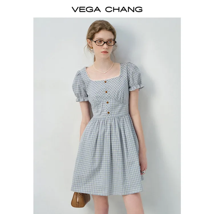VEGA CHANG法式连衣裙女2025新款夏季格纹方领泡泡袖短裙0433JJ