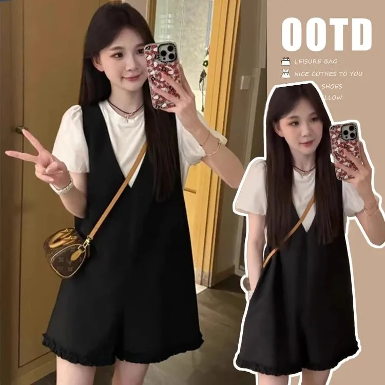 孕妇装夏装2025新款孕妈妈减龄背带裤短袖上衣夏季薄款小个子休闲