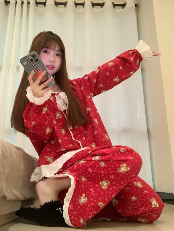 【红色小熊花边】春秋本命年色喜庆甜美睡衣2025女款长袖家居服套装