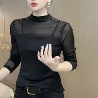 串珠网纱半高领款百搭显瘦打底33288