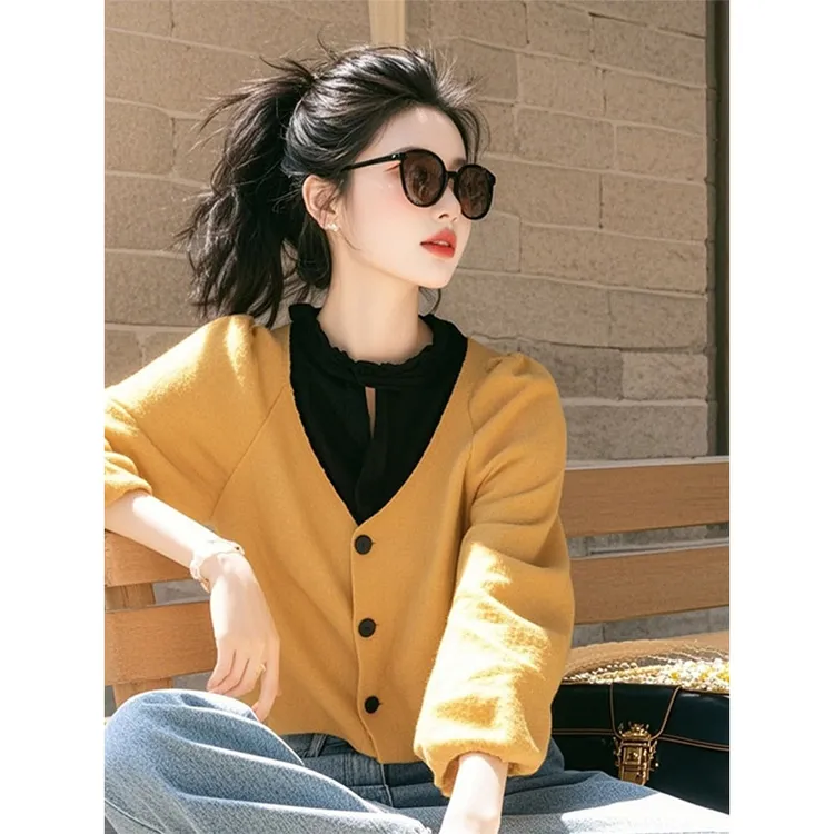 韩版减龄假两件长袖针织衫卫衣女2025春秋新款宽松显瘦打底衫上衣