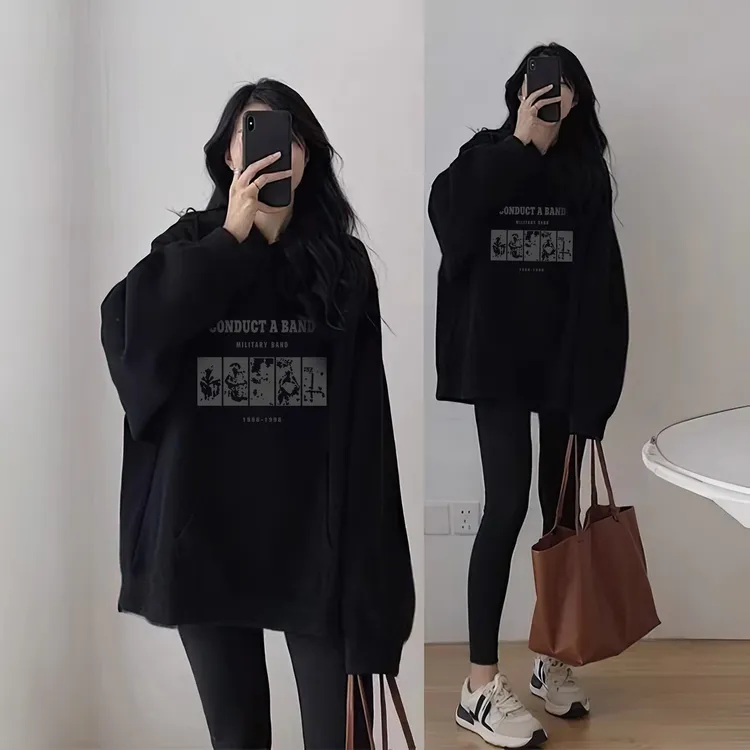 新款连帽卫衣女2025秋上衣黑色新款时尚洋气流行宽松慵懒长袖上衣