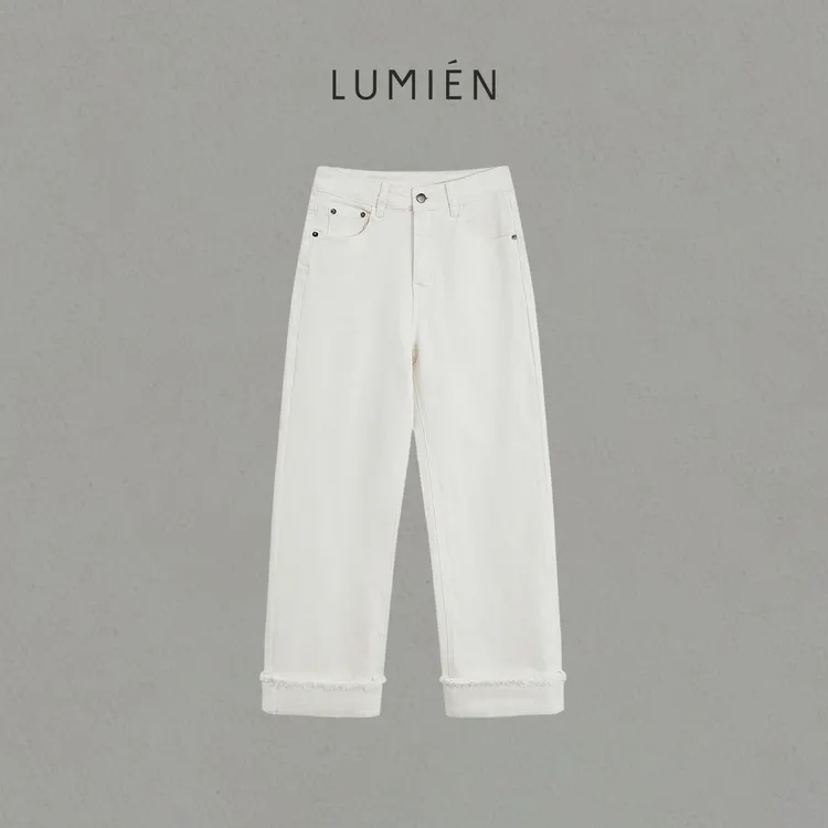 【LUMIEN 新品】不规则毛边设计白色散边直筒牛仔裤 LX5HKK091