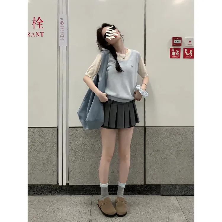 2025夏季新款女韩系穿搭假两件拼接短袖上衣高腰显瘦百褶半身裙