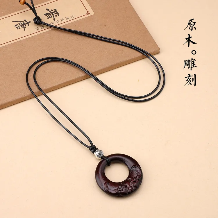 原创木质平安扣项链长款文艺复古吊坠百搭新中式原木项坠毛衣链