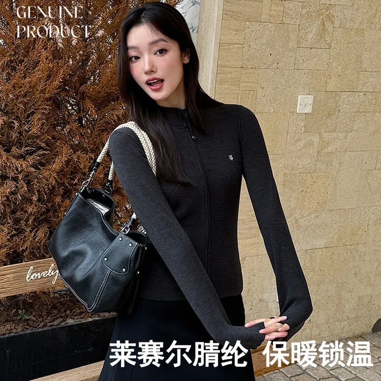 修身无帽外套秋冬拉链开衫女长袖内搭短外套加绒加厚打底保暖上衣