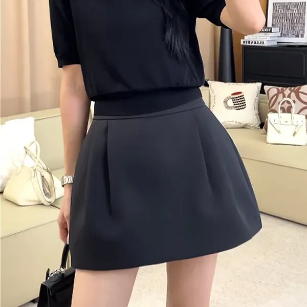 黑色褶皱半身裙女2025春秋新款高腰显瘦A字裙时尚百搭蓬蓬短裙子