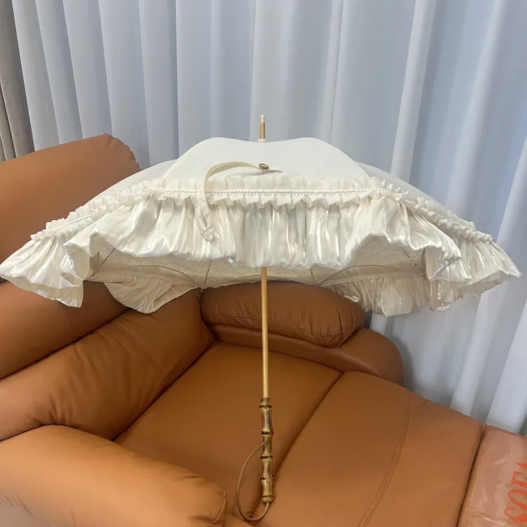高颜值洛丽塔公主风双层白色蕾丝花边手动长柄晴雨伞防晒竹节挂绳