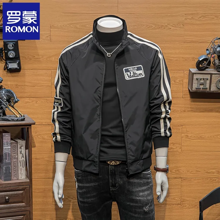 罗蒙2025新款男士外套春秋工装上衣青年修身秋季休闲条纹立领夹克