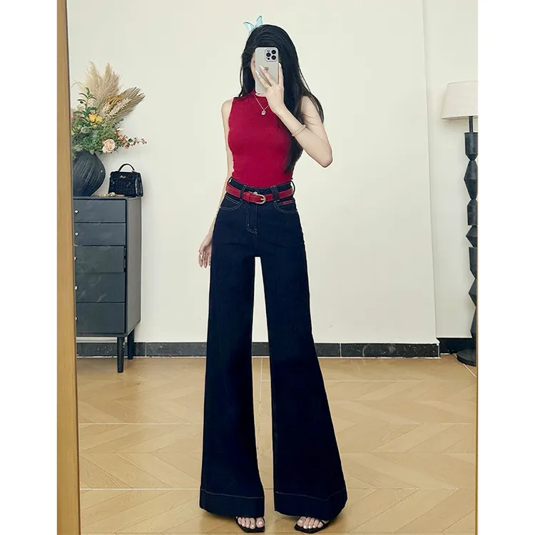 乔栈丹宁蓝不贴腿微喇牛仔裤女2025秋新款高腰宽松显瘦阔腿拖地裤