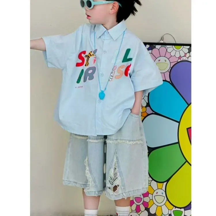 男童夏季套装2025新款印花衬衫短袖洋气百搭帅气水洗牛仔裤幼儿园