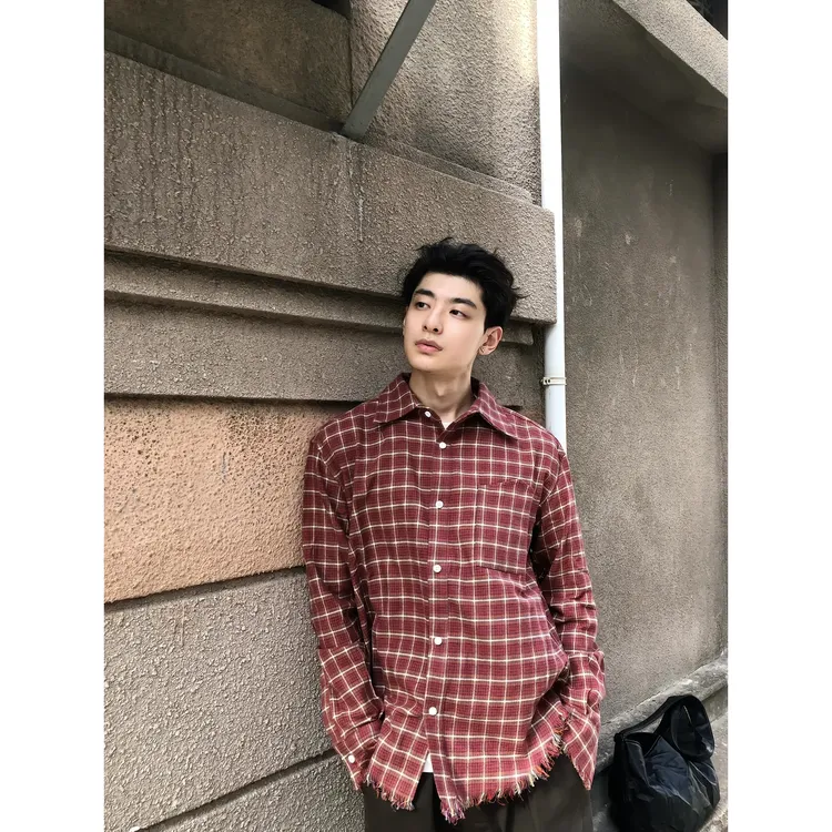 美式复古格子衬衫秋季格纹撞色衬衣外套流苏下摆设计感宽松上衣