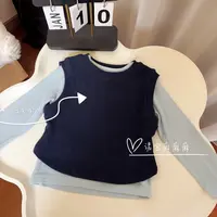 【秋上新】【原版高克重棉】女童长袖t恤背心两件套叠穿设计师款秋装