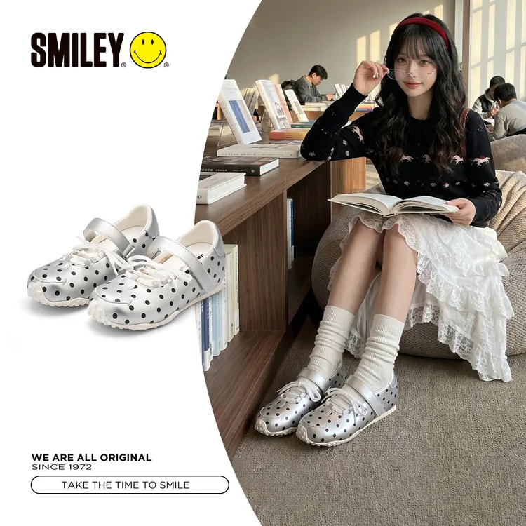 【鞠婧祎同款】SMILEY笑脸夏季银色波点玛丽珍休闲女芭蕾鞋增高鞋子