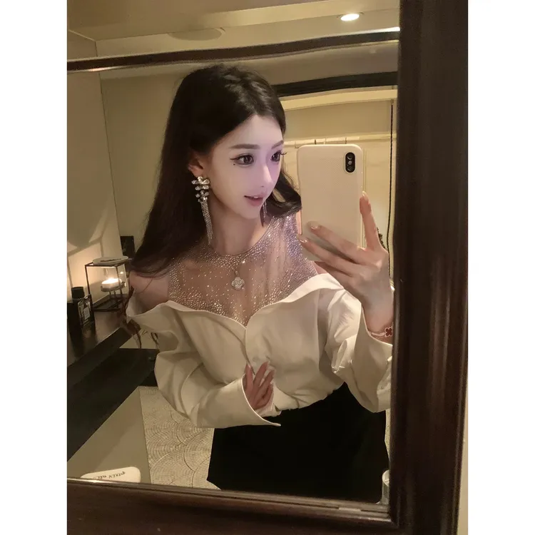 设计感一字肩烫钻网纱拼接假两件衬衣女秋冬季高级感露肩长袖上衣