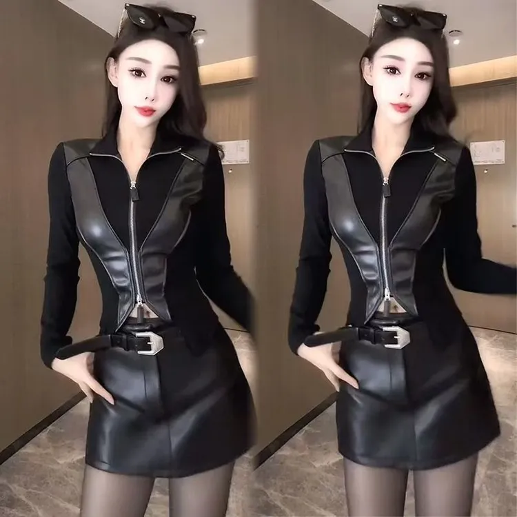2025秋冬季新款修身显瘦时尚感拉链收腰高级感拼接上衣皮裙两件套