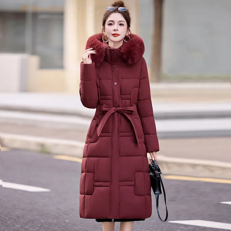 冬季收腰显瘦长款过膝棉服女加厚毛领女士棉衣外套中年妈妈棉袄冬