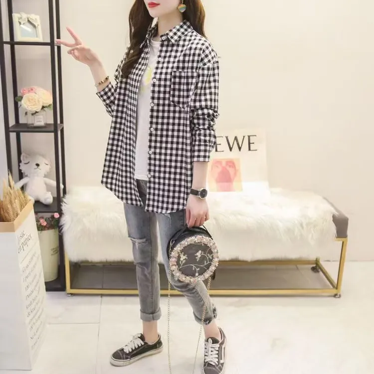 春秋文艺风格子春季常规不起球衬衫衬衣女装外套女春秋格子衬衫