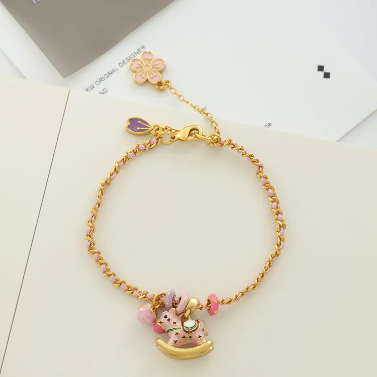 铜合金手链 「马上有钱」粉色编绳 可爱气质时尚国潮风中式百搭高档