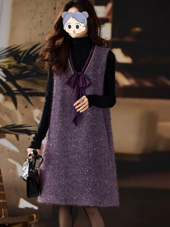 紫色v领小香风蝴蝶结连衣裙2025冬季新款无袖背心裙时尚高级穿搭