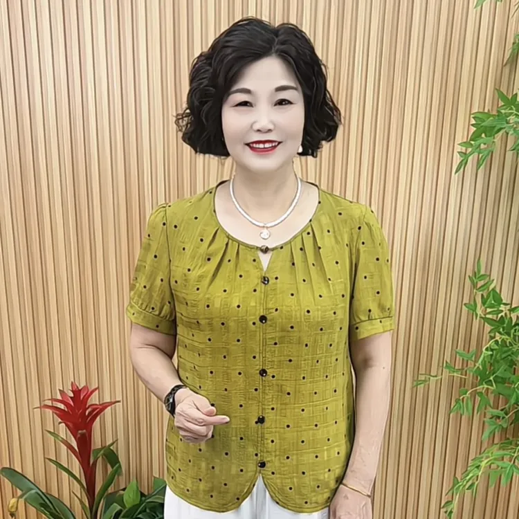 夏季圆领波点印花短袖衬衫宽松显瘦百搭中老年妈妈装上衣V2233