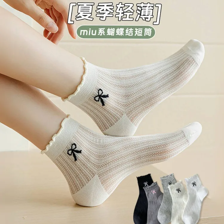 网眼蝴蝶结袜子女木耳边短袜春夏薄款芭蕾风吸汗透气防勾丝短筒袜