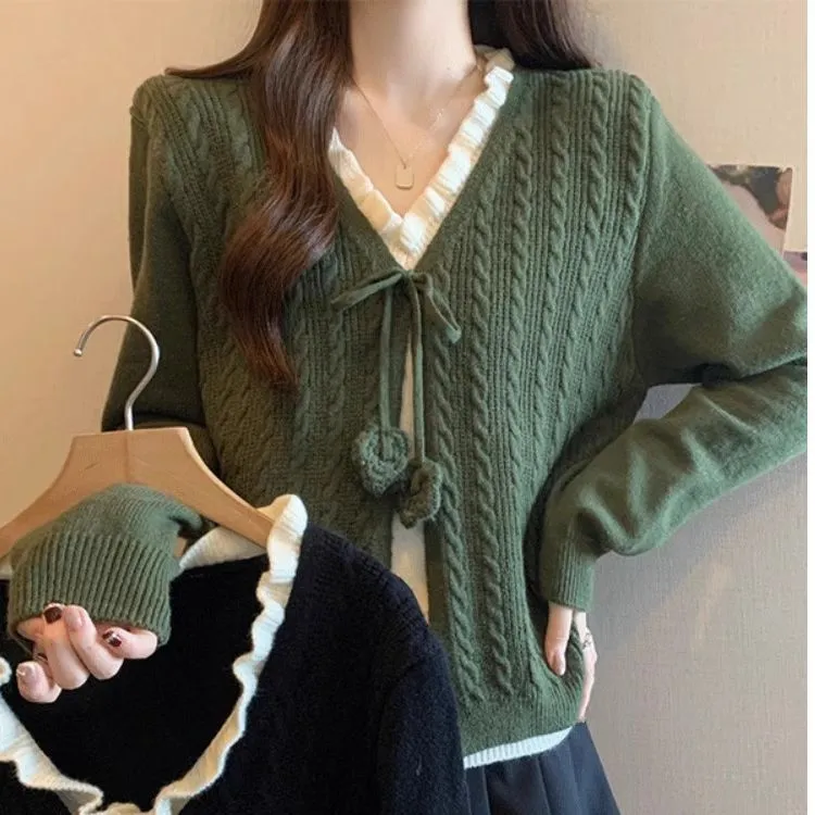 辣妹性感V领假两件针织开衫毛衣秋冬新款纯欲风小众时尚百搭上衣i