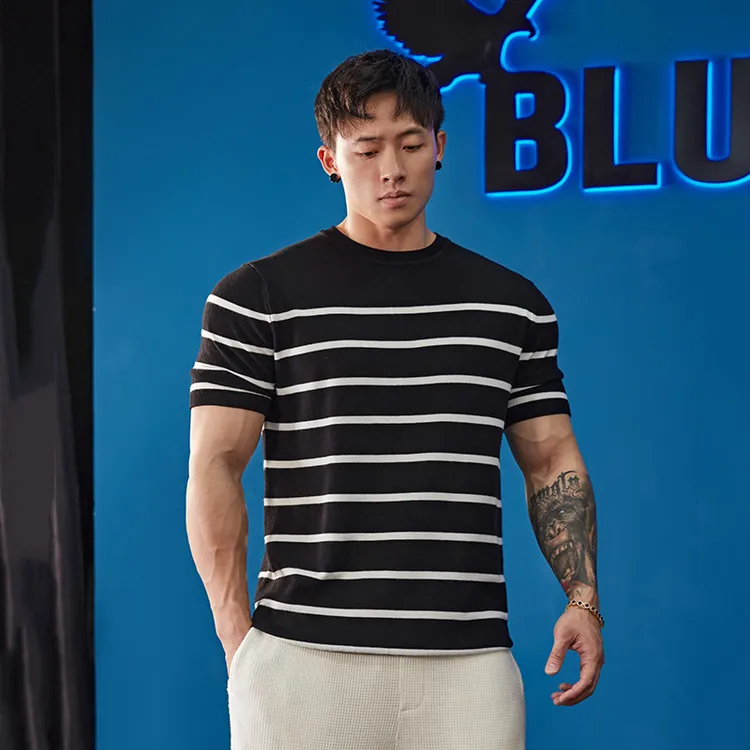 BLUESFLY男士条纹短袖T恤肌肉男健身衣服潮牌运动休闲训练服上衣