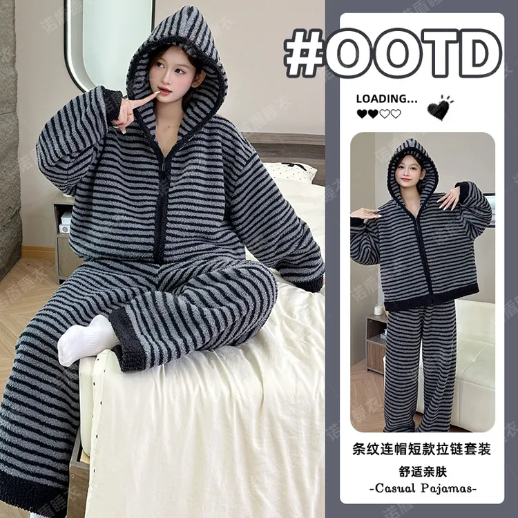 半边绒2025冬季新款加绒加厚睡衣女士连帽保暖可外穿家居服套装