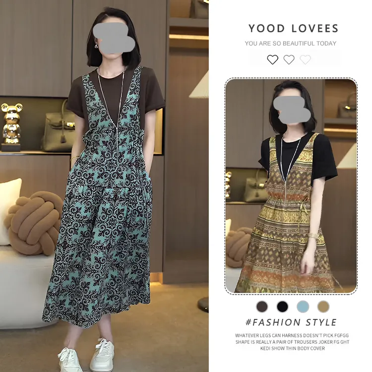 文艺印花拼接假两件短袖连衣裙女气质靓mm宽松遮胯显瘦过膝长裙潮