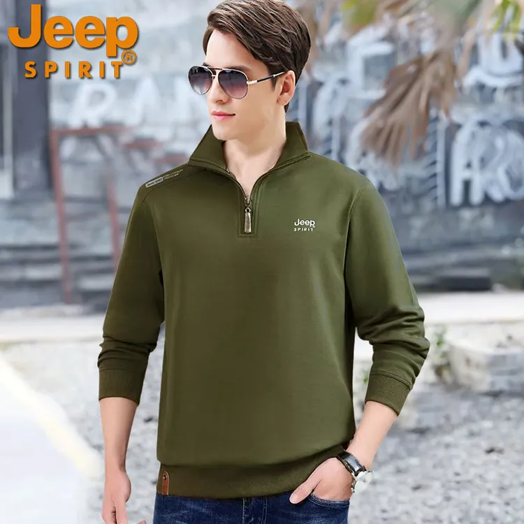 JEEPSPIRIT纯棉翻领卫衣男秋冬新款运动加绒宽松大码立领休闲上衣