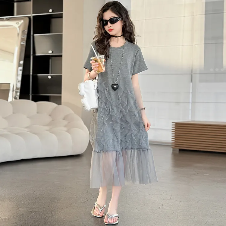 女童2025夏季新款小众设计感网纱连衣裙中大童显瘦款过膝T恤长裙