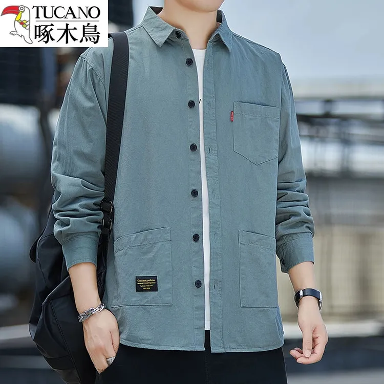 啄木鸟男士夏季衬衫长袖男士宽松外套春秋款休闲男装时尚休闲衬衣