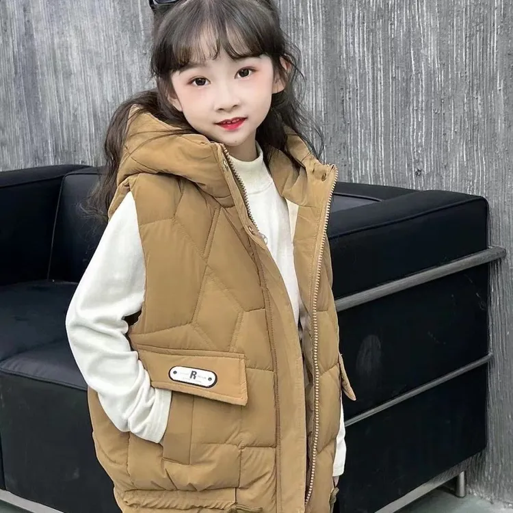 女童冬季棉服马甲2025新款洋气连帽保暖时尚女孩百搭儿童坎肩外套
