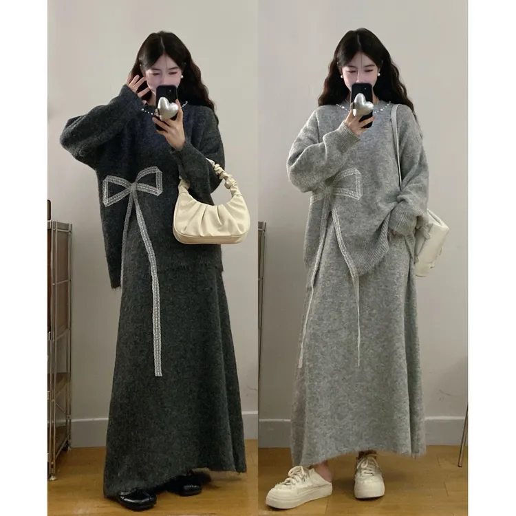 2025秋冬新款大码女装蝴蝶结设计毛衣上衣显瘦针织半身裙两件套装