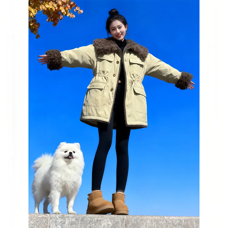 休闲通勤风中长款棉服女2026冬新款时尚气质韩版显瘦纯色拼接外套